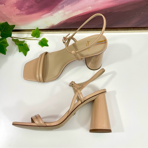 Sam Edelman Kit Block Heel Squared Open Toe Slingback Heeled Sandal Beige Patent - Picture 10 of 14